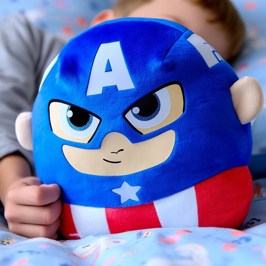 A little boy snuggling in bed cuddling the Captain America Plush Toy 