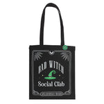 Black tote bag with 'Bad Witch Social Club' design on a white background
