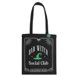 Black tote bag with 'Bad Witch Social Club' design on a white background