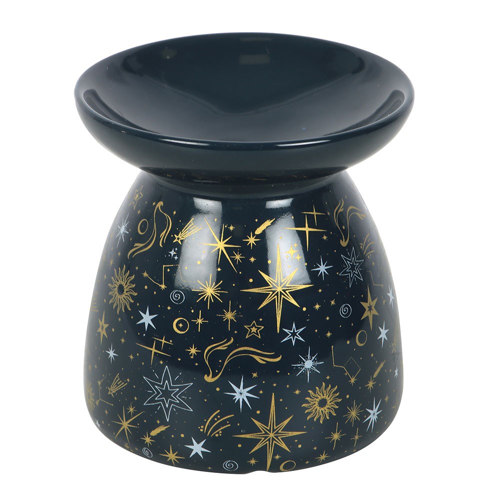 Black ceramic oil burner with star and constellation design on a white background