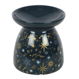 Black ceramic oil burner with star and constellation design on a white background