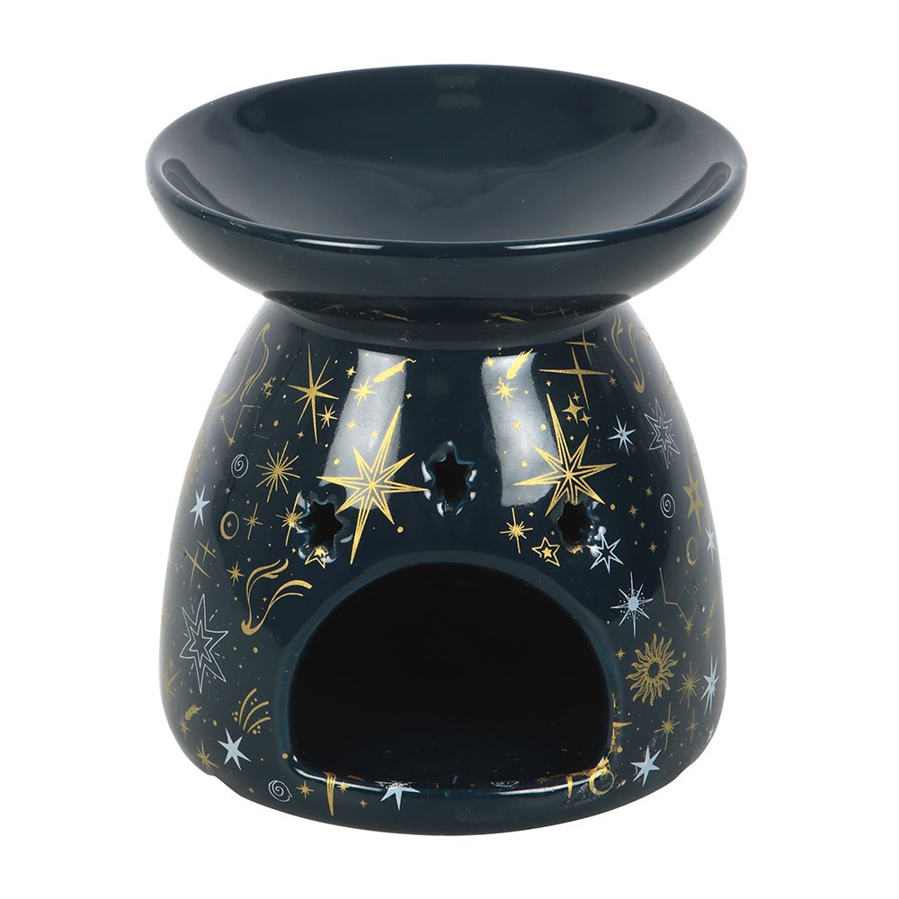 Black ceramic oil burner with star and moon designs on a white background