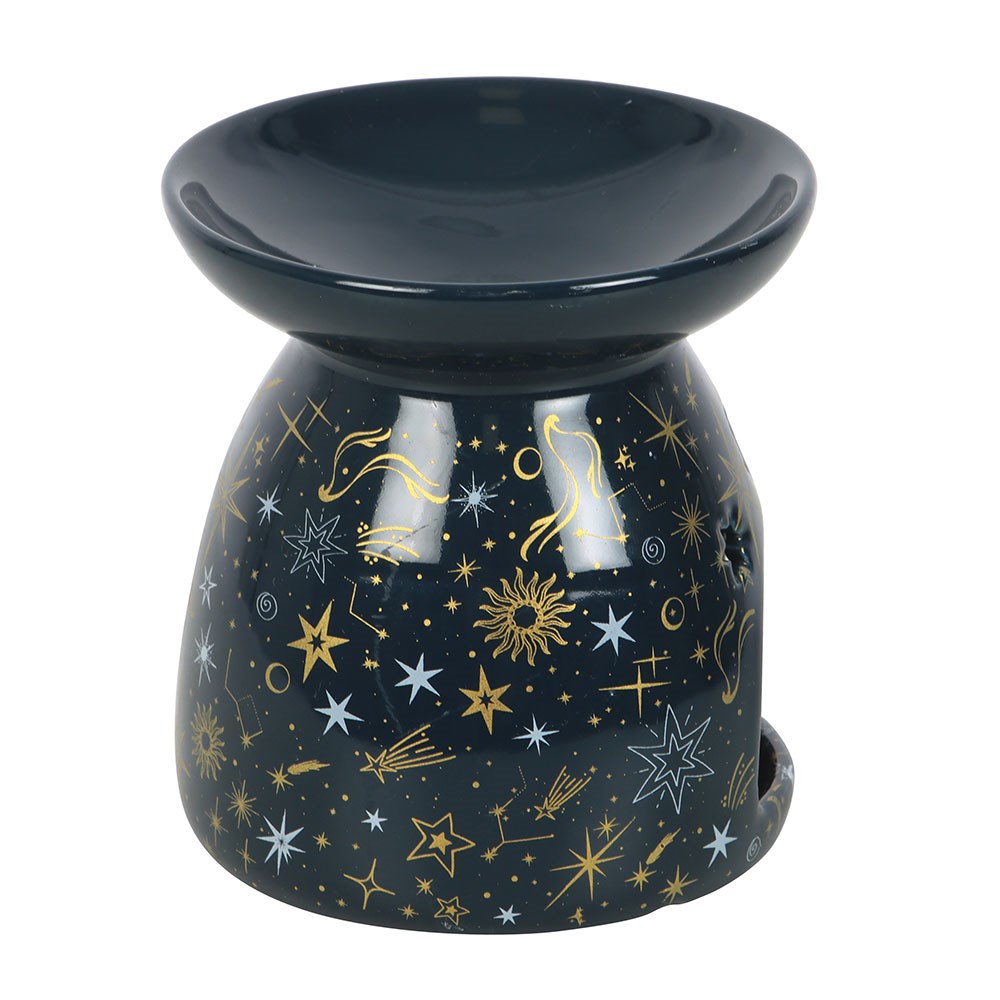 Black ceramic oil burner with star and constellation pattern on a white background
