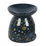 Black ceramic oil burner with star and constellation pattern on a white background