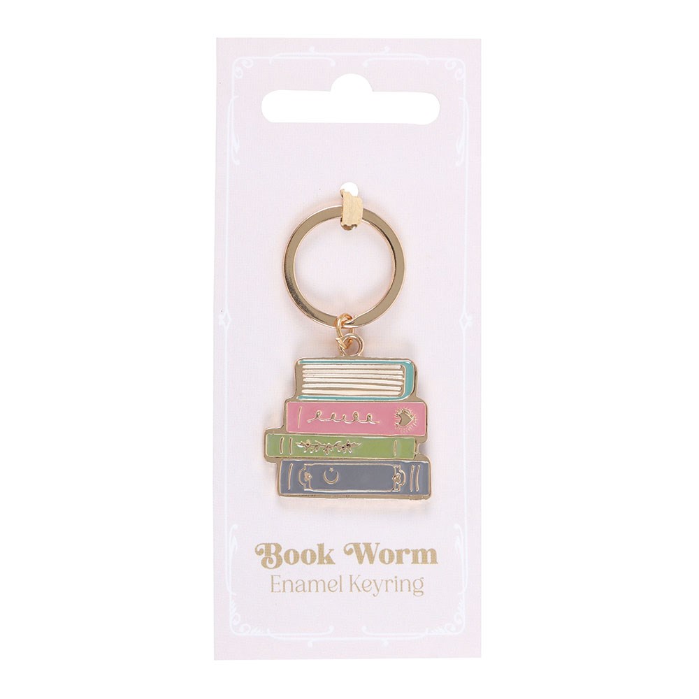 Book-themed keychain on a white card with 'Book Worm Enamel Keyring' text.