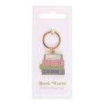 Book-themed keychain on a white card with 'Book Worm Enamel Keyring' text.