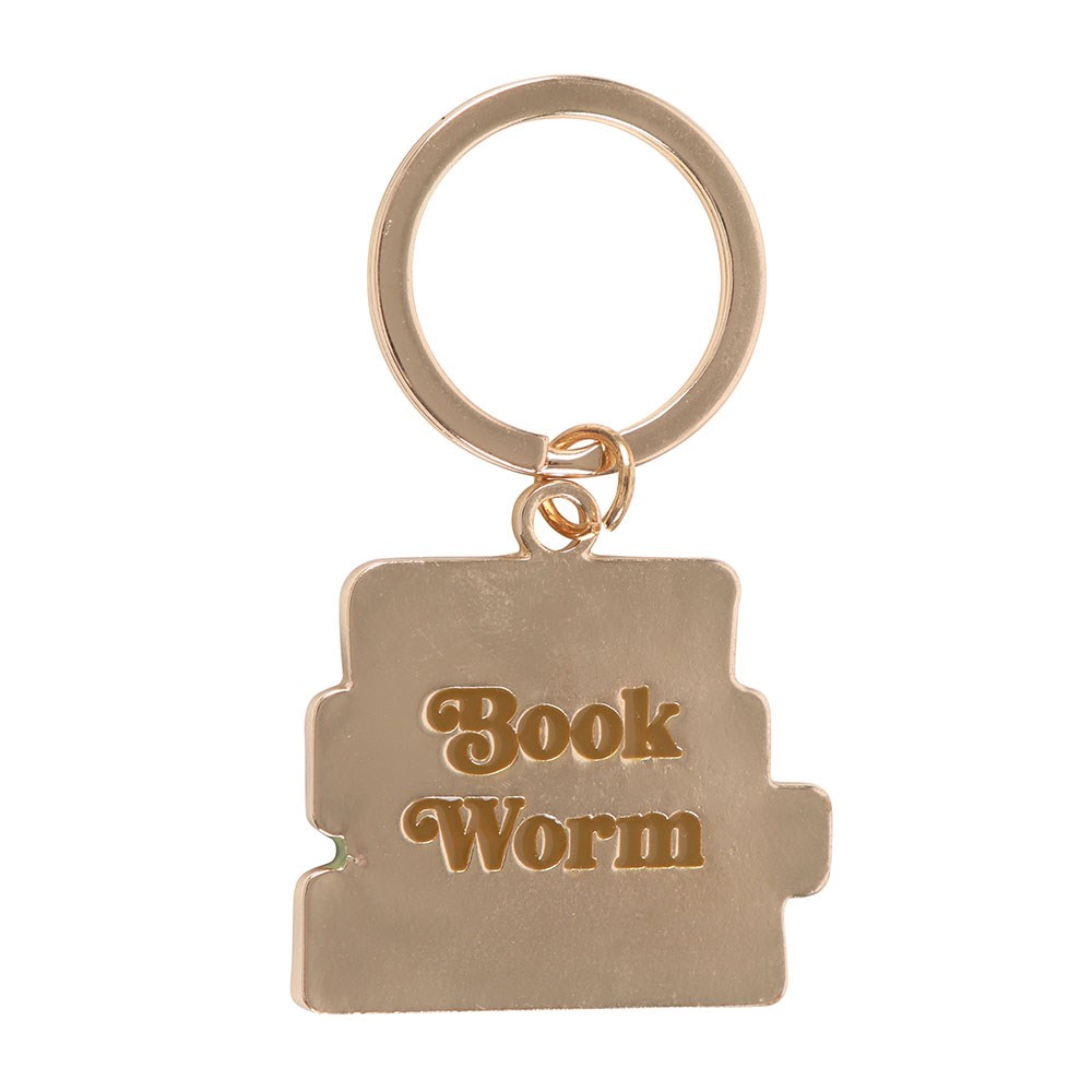 Gold keychain with 'Book Worm' text on a white background