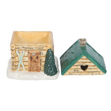 Two miniature log cabin models on a white background