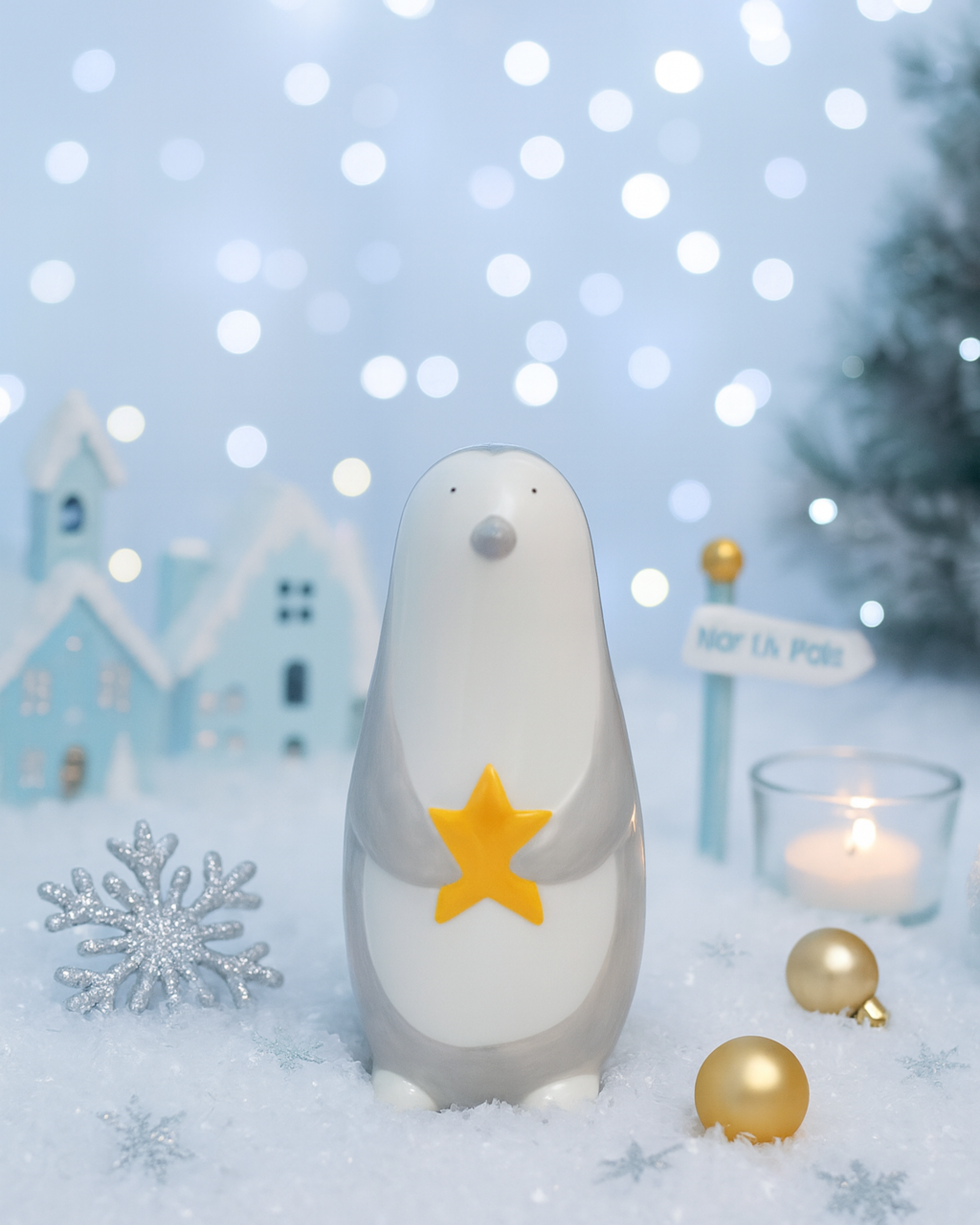 Decorative penguin with a star on a snowy background with lights and small houses.