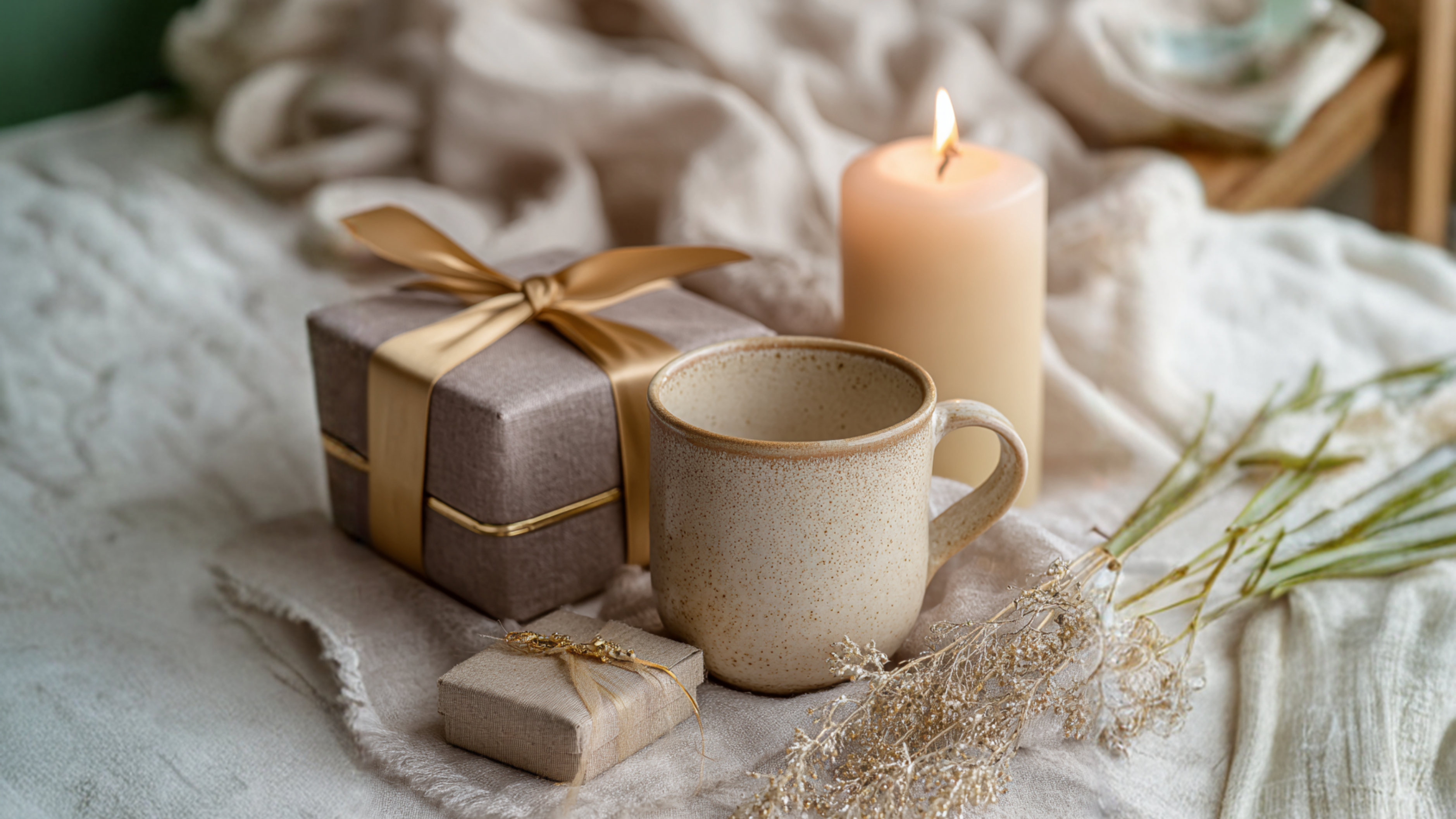 Ceramic mug, gift box with gold ribbon, and lit candle on a soft fabric surface
