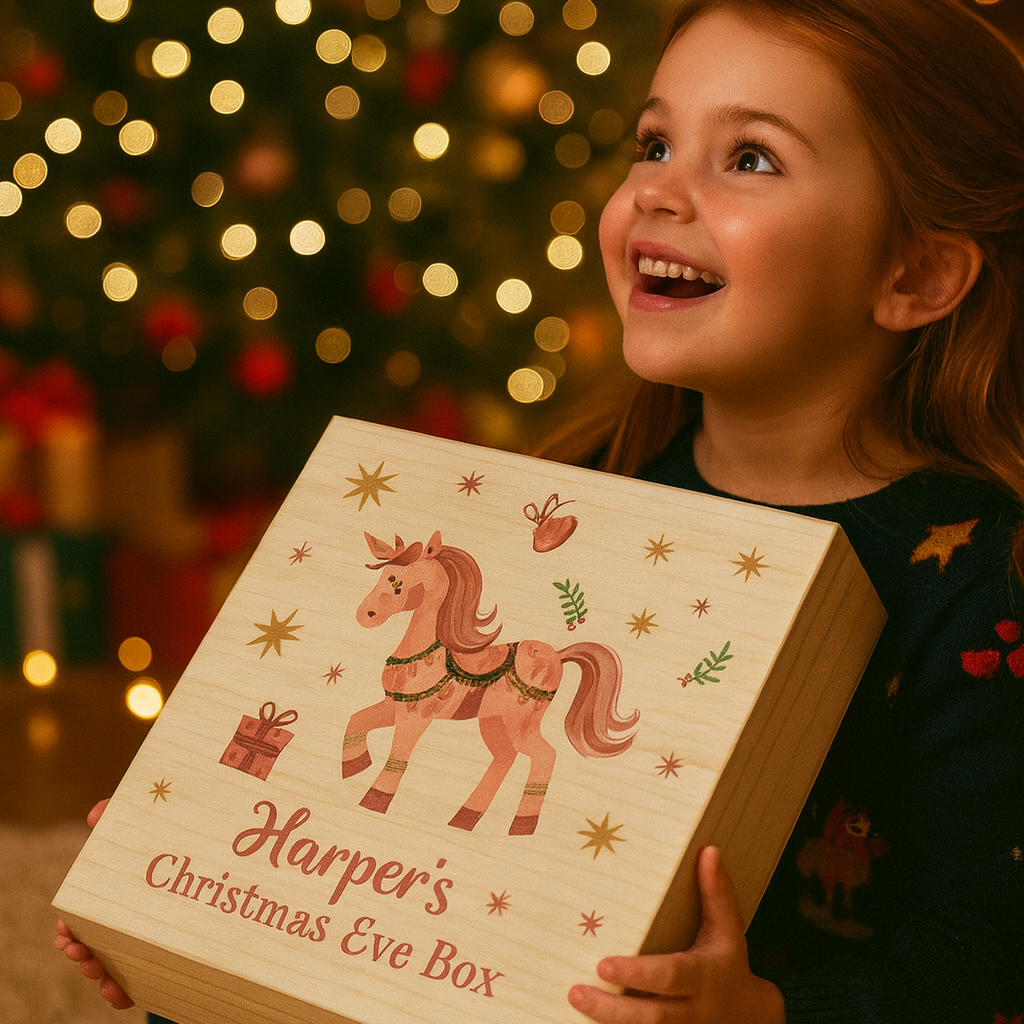 Child holding the Personalised Unicorn Christmas Eve box with 'Harper's Christmas Eve Box' text, in front of a decorated Christmas tree.