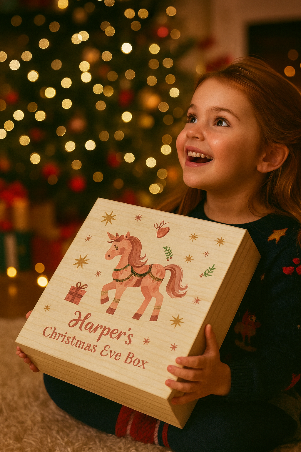 Child holding the Personalised Unicorn Christmas Eve box with 'Harper's Christmas Eve Box' text, in front of a decorated Christmas tree.