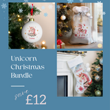 Unicorn Christmas Bundle with decorative items on a blue background with snowflakes.