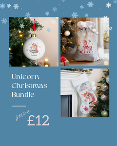 Unicorn Christmas Bundle with decorative items on a blue background with snowflakes.