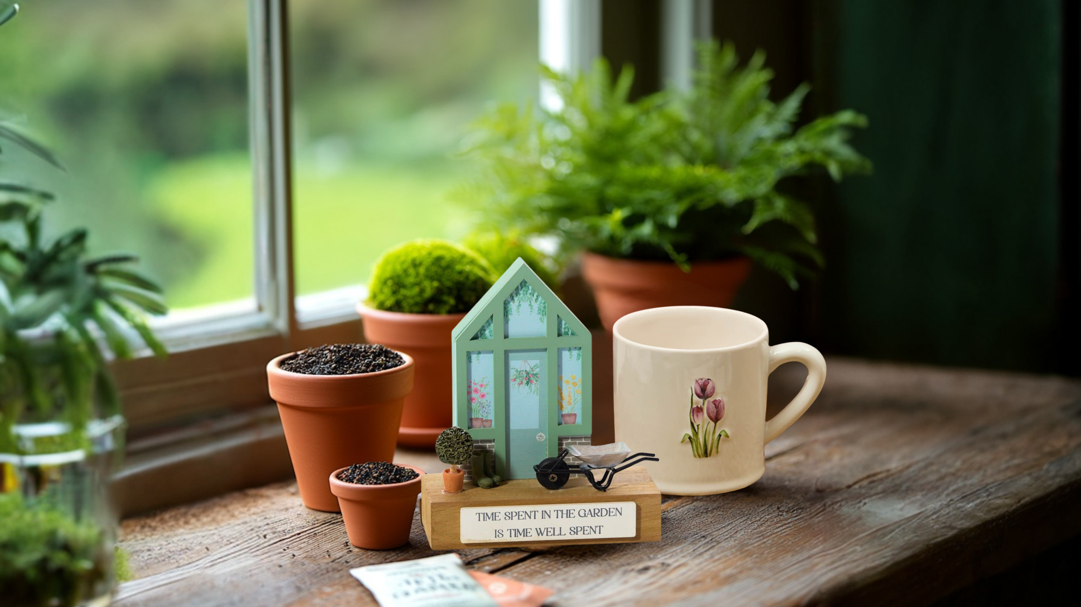 Decorative items including a mug, small house-shaped object, and potted plants on a wooden surface with a window in the background.