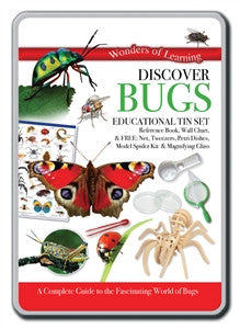 A tin educational set called 'Discover Bugs' with images of various insects and scientific tools like a magnifying glass and tweezers.