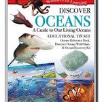 A educational tin set labeled 'Discover Oceans' with images of marine life and a book cover depicting various sea creatures.