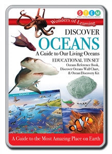 A educational tin set labeled 'Discover Oceans' with images of marine life and a book cover depicting various sea creatures.