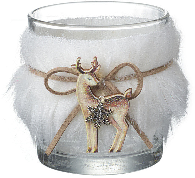 Faux Fur Glass Tealight Holder with Deer