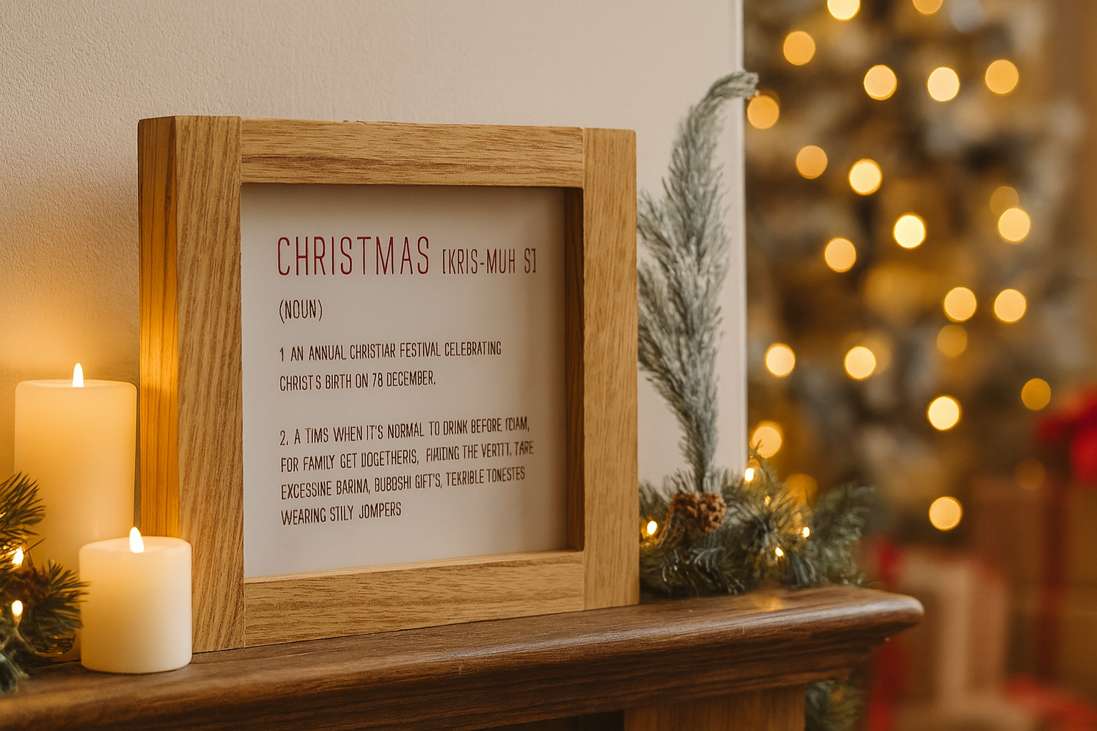 Framed Christmas definition sign on a mantelpiece with candles and a decorated tree in the background.