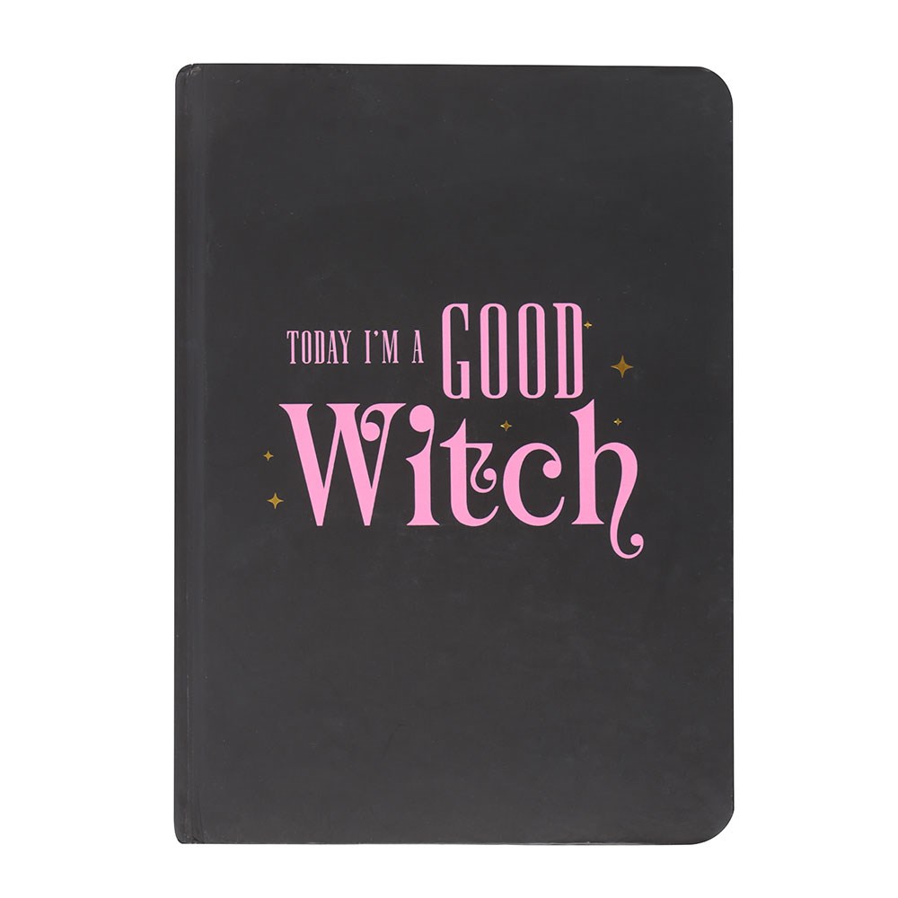 Black notebook with pink text 'Today I'm a Good Witch' on a white background
