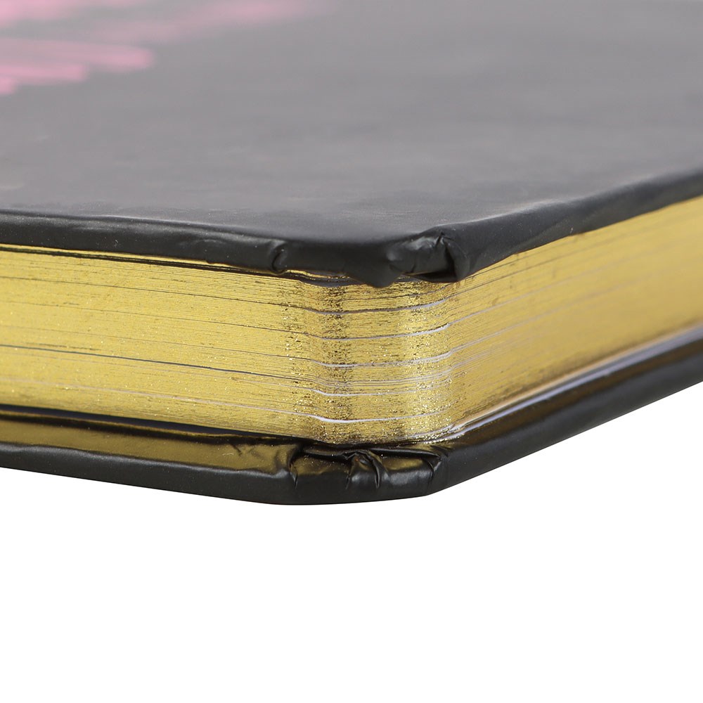 Close-up of a book with black and gold binding on a white background