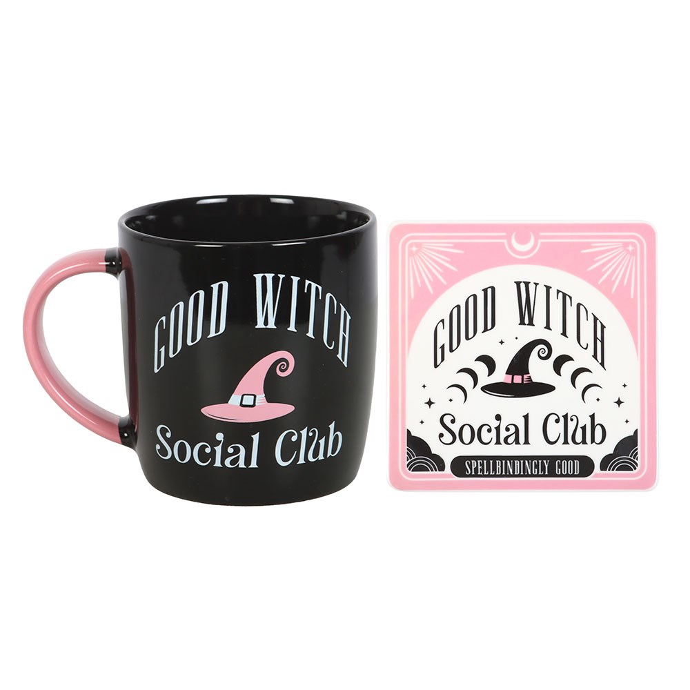 Black mug with pink handle and matching coaster featuring 'Good Witch Social Club' text and design.