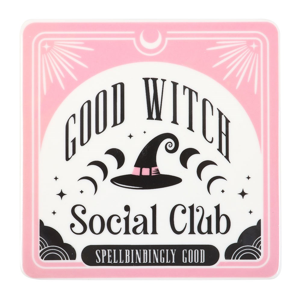 Good Witch Social Club logo with a witch hat on a pink border