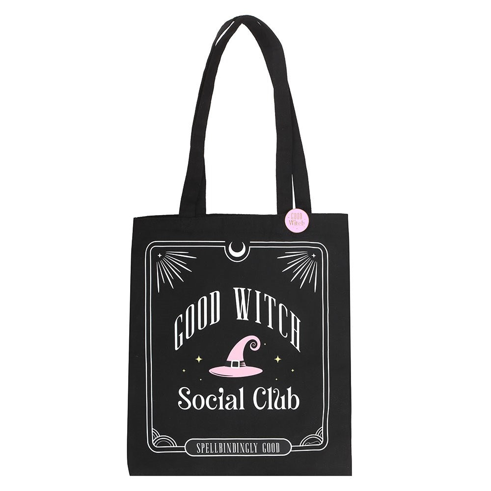 Black tote bag with 'Good Witch Social Club' design on a white background