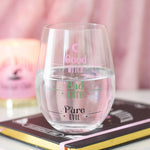 Clear glass with text 'Good Witch, Bad Witch, Pure Evil' on a pink background