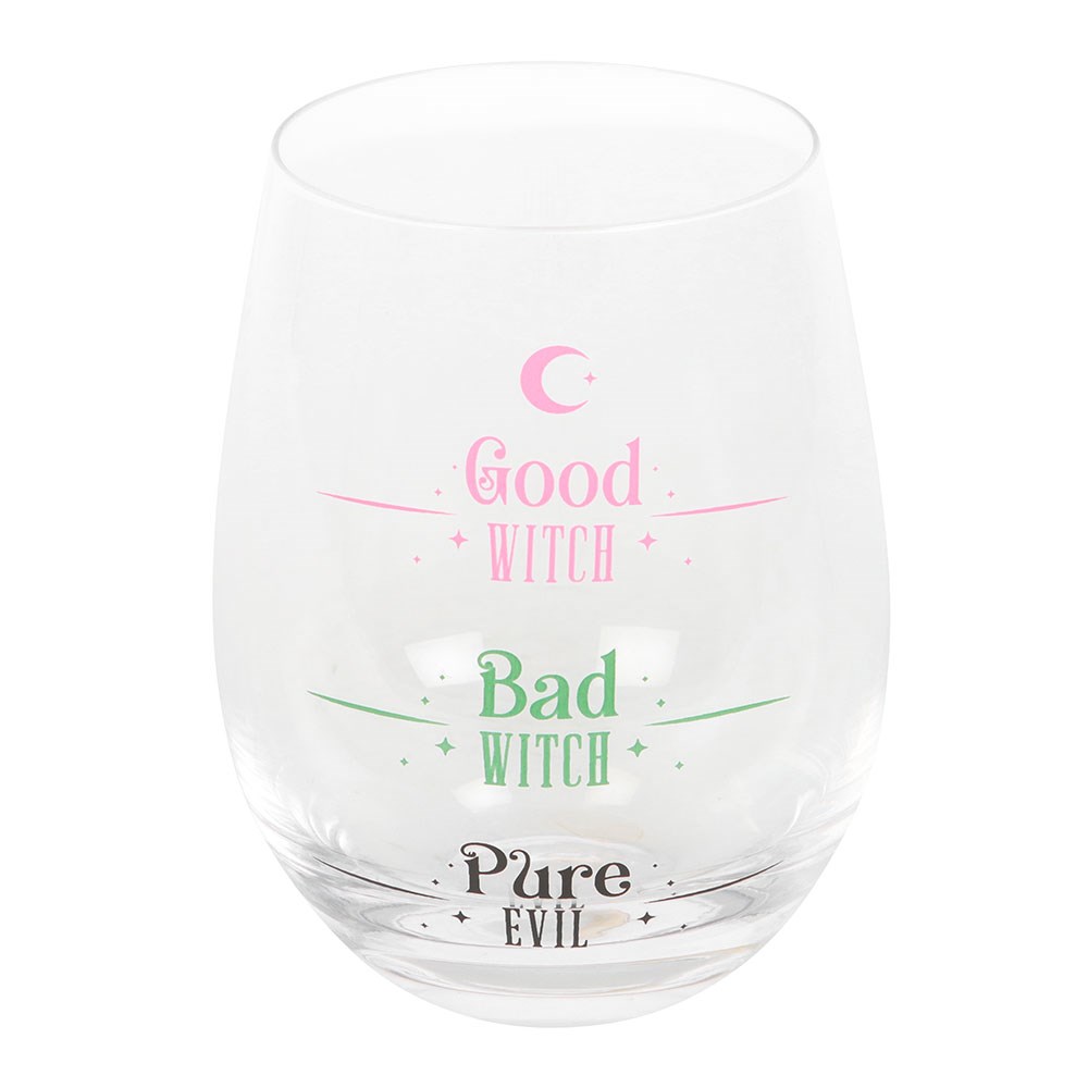 Clear glass with text 'Good Witch', 'Bad Witch', and 'Pure Evil' on a white background