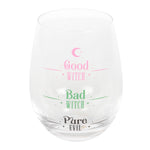 Clear glass with text 'Good Witch', 'Bad Witch', and 'Pure Evil' on a white background