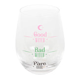 Clear glass with text 'Good Witch', 'Bad Witch', and 'Pure Evil' on a white background