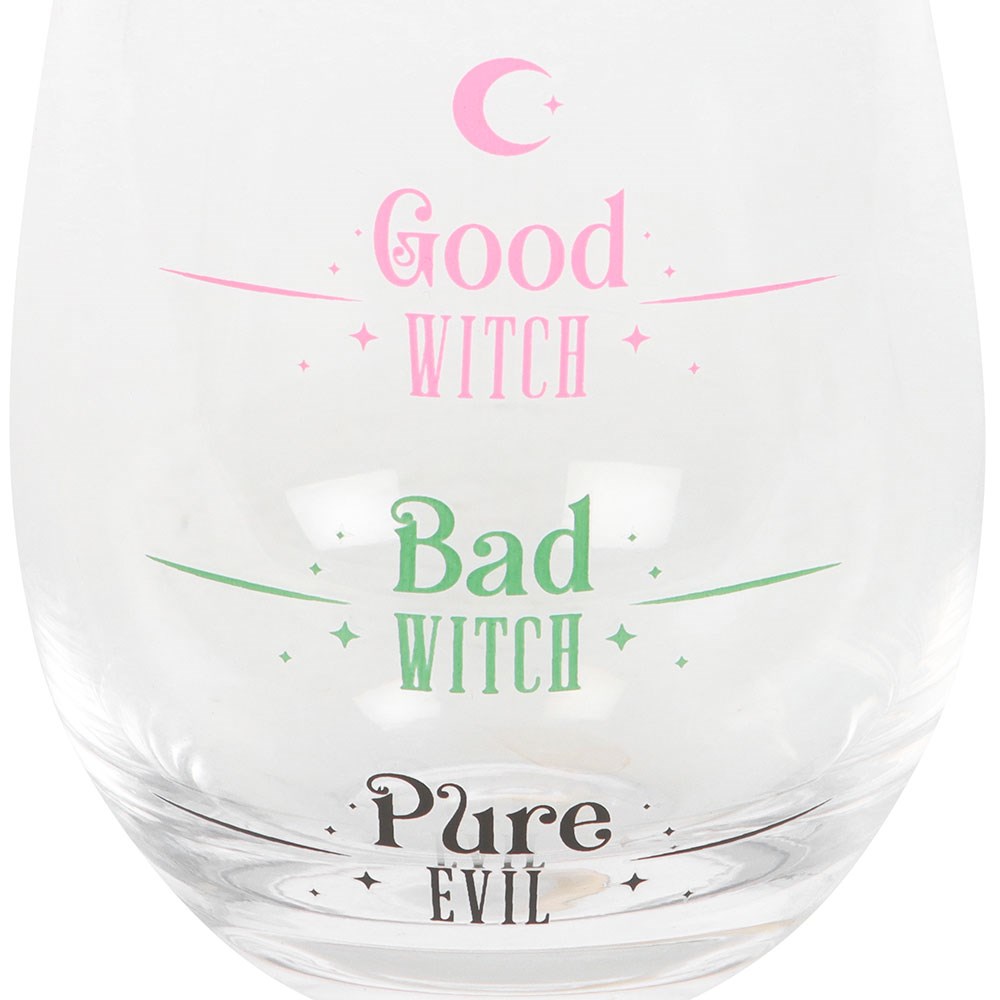Clear glass with text 'Good Witch', 'Bad Witch', and 'Pure Evil' in pink, green, and black respectively on a white background.