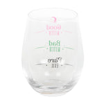 Clear glass with engraved text on a white background