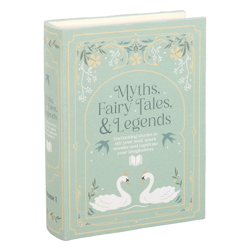 Book titled 'Myths, Fairy Tales, & Legends' with decorative cover featuring swans and floral elements.
