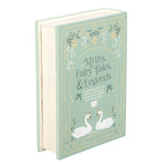 Decorative book titled 'Myths, Fairy Tales & Legends' with swan illustrations on a light green background.