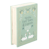 Decorative book titled 'Myths, Fairy Tales & Legends' with swan illustrations on a light green background.