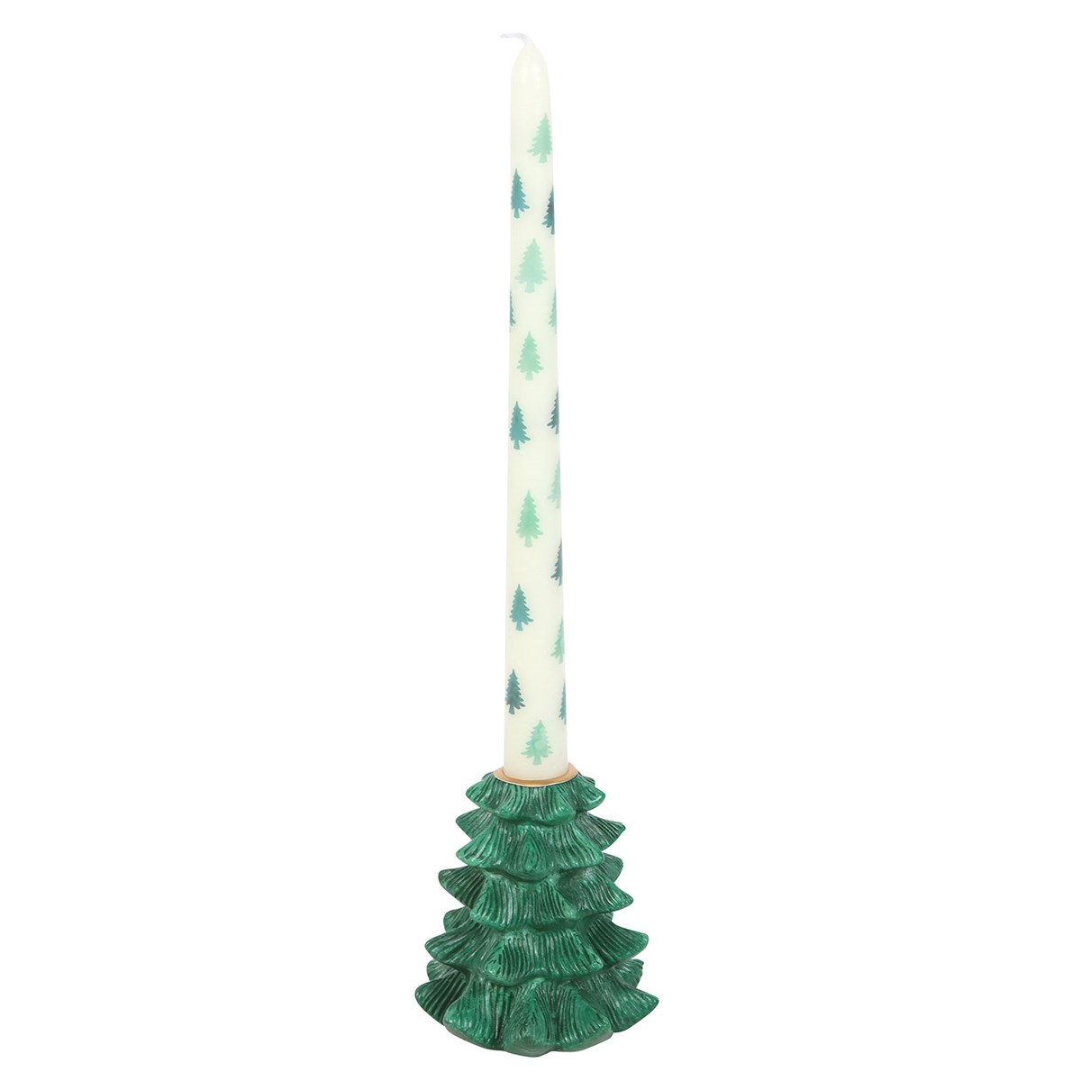 Decorative candle with a green tree-shaped holder on a white background
