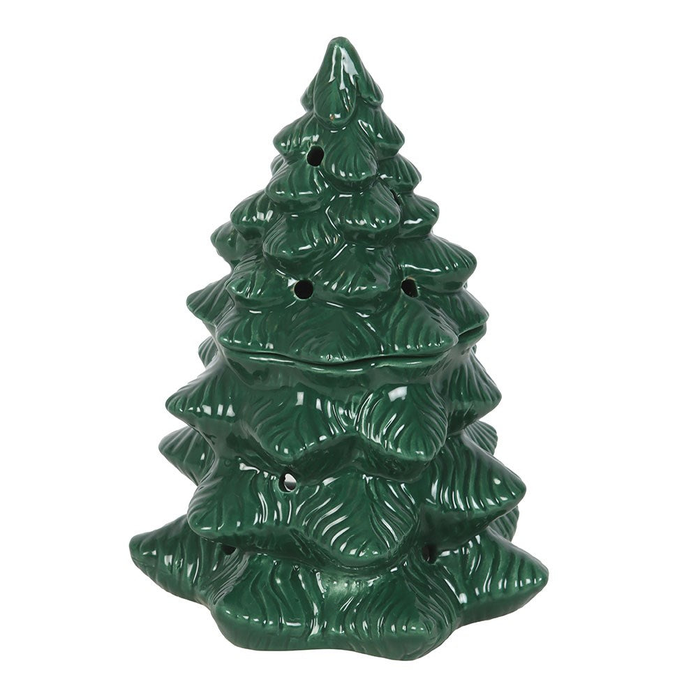Green ceramic Christmas tree ornament on a white background