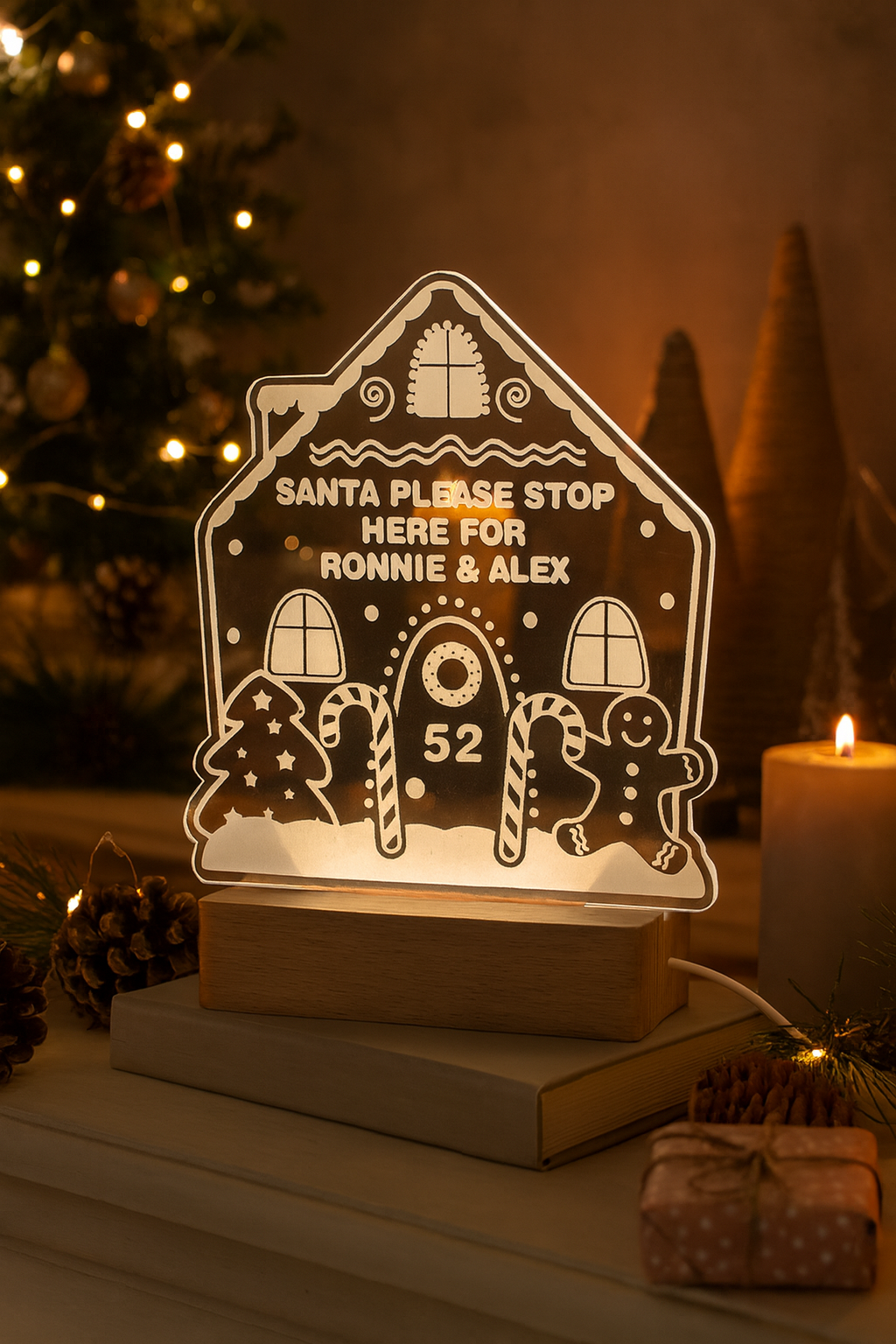 Personalised Gingerbread House Christmas Wooden Based LED Light001
