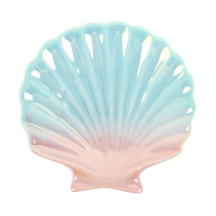 Pastel-colored shell-shaped dish on a white background
