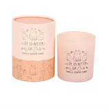 Vanilla scented candle with 'Life is Better with Cats' text and cat illustrations on a white background.
