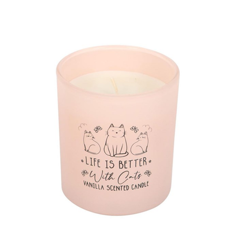 Pink candle with cat illustrations and text on a white background