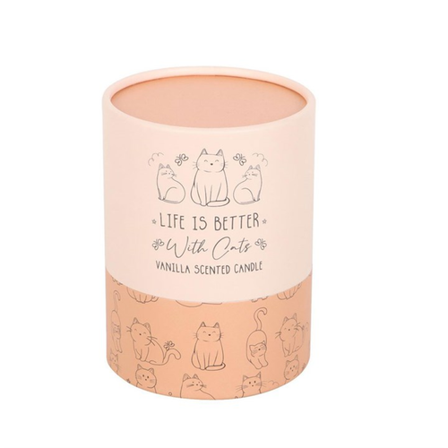 Vanilla scented candle with cat illustrations and text on a white background