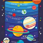 A colourful board book titled 'PLANETS' with illustrations of planets and a cartoon astronaut, designed for young learners.