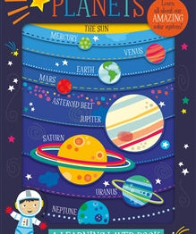 A colourful board book titled 'PLANETS' with illustrations of planets and a cartoon astronaut, designed for young learners.