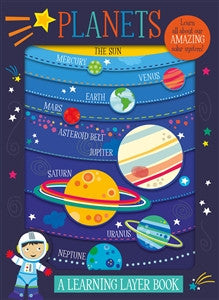 A colourful board book titled 'PLANETS' with illustrations of planets and a cartoon astronaut, designed for young learners.