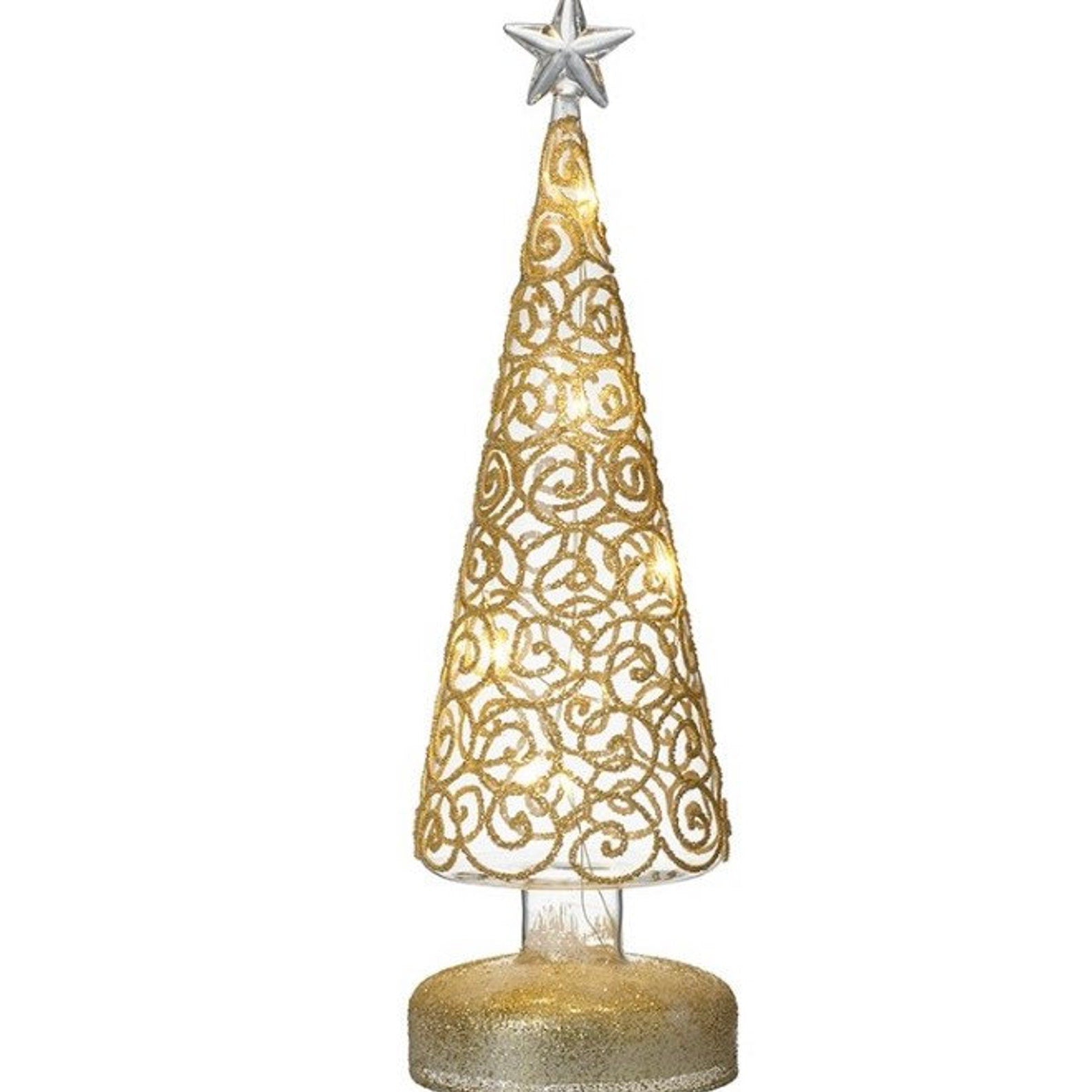 A light up glass Christmas tree with gold swirls, featuring a star at the top and a circular shape with ornamental details.
