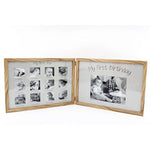A folding photo frame with 'My First Year' and 'My First Birthday' labels, displaying multiple photos of a baby.